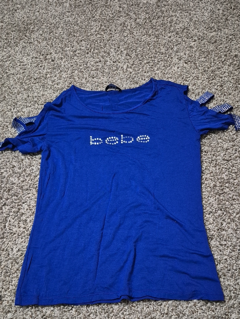bebe Cobalt Blue Rhinestone Logo Cold-Shoulder Tee